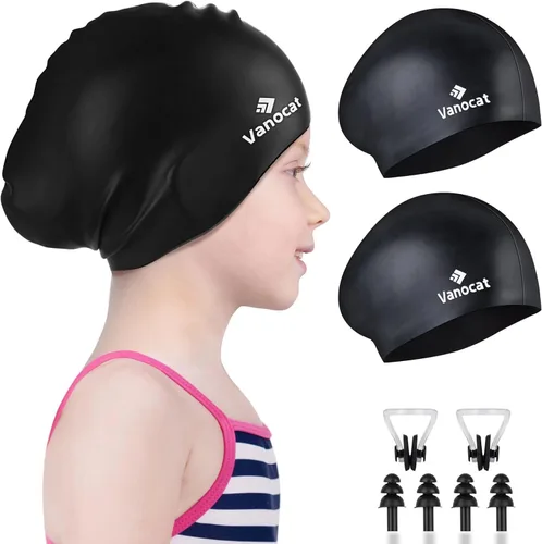 2 Pack Kids Swim Caps for Long/Short Hair, Unisex Silicone Swimming Cap for Age 3-15 Children Toddler Youth Teen, Waterproof Shower Cap Bathing Hats