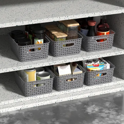 Miniatura 4 de Readsky Paquete de 6 pequeñas cestas de almacenamiento de plástico tejidas, cestas de plástico para estantes, contenedores organizadores