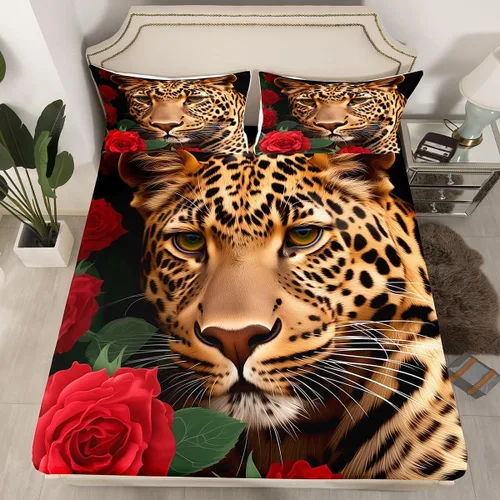 Erosebridal Juego de sábanas bajeras de rosas rojas y leopardo, tamaño individual, diseño de animales africanos salvajes, diseño de plantas y