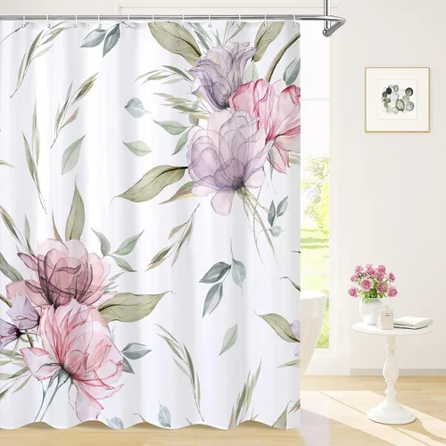 Miniatura 7 de Litabel Cortina de ducha bohemia con estampado floral de acuarela azul y gris, estilo de pintura de tinta, cortinas de ducha de flores y hojas