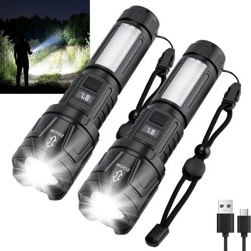 Linterna recargable de alto lúmenes, 2 paquetes, 1,500,000 L, linternas LED con zoom de alta potencia, luz táctica súper brillante con 6 modos, luz