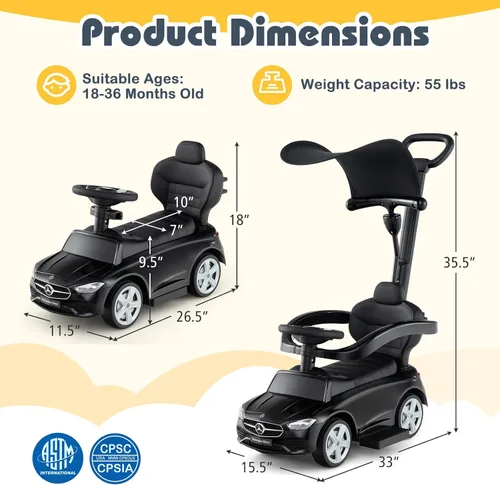 Miniatura 7 de Costzon Coche de empuje para niños pequeños, 3 en 1 Mercedes Benz Cochecito deslizante caminador con toldo, mango, barra de seguridad, sonido