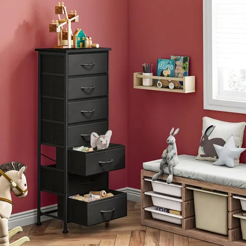 Miniatura 5 de Fixwal Cómoda negra alta y delgada para dormitorio, organizador de almacenamiento estrecho con 7 cajones de tela, muebles de mesita de noche