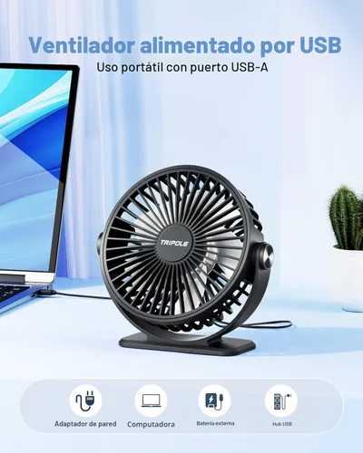 Miniatura 4 de TriPole Ventilador de escritorio con USB, ventilador pequeño portátil de 3 velocidades con brisa fuerte ajustable, mini ventiladores personales