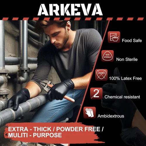 Miniatura 3 de ARKEVA Guantes desechables de nitrilo negro de 6 mil. Resistencia química, resistencia al desgarro, sin látex ni polvo