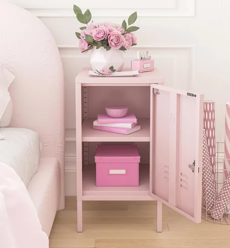 Miniatura 5 de Mesa auxiliar de una sola puerta, armario de almacenamiento de metal con cerradura, mesita de noche para niños de 2 niveles con estante ajustable