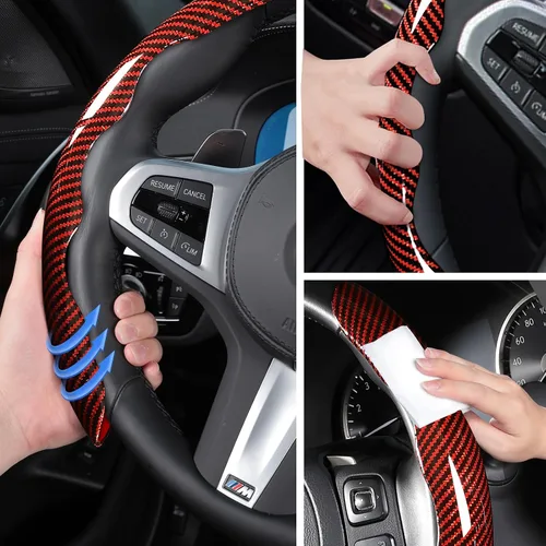 Miniatura 4 de Juego de fundas para volante de automóvil, funda de fibra de carbono brillante, antideslizante, 3 piezas, accesorios para volante de 14.5-15 Rojo