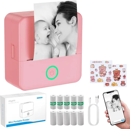 eSynic Mini impresora de etiquetas adhesivas recargable, portátil, Bluetooth, mini impresora portátil con impresión sin tinta para notas de