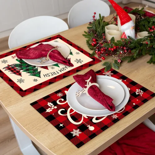 Miniatura 5 de Juego de 6 manteles individuales de Navidad, manteles de mesa a cuadros de búfalo para Navidad Feliz, tapete de cocina para mesa de comedor, tapete
