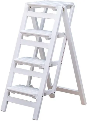 Taburete de madera blanca con 4 peldaños antideslizantes para adultos y niños, silla de escalera plegable de madera portátil, ideal para el hogar,