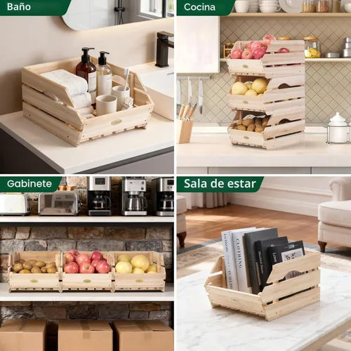 Miniatura 6 de Contenedores de almacenamiento de cebolla de patata de madera, cesta apilable de madera, almacenamiento de frutas y verduras para organización
