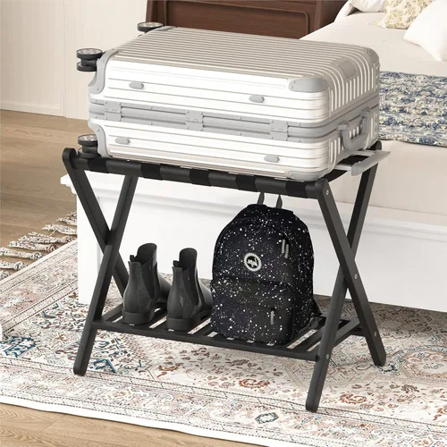 Miniatura 5 de Portaequipajes plegable con estante de almacenamiento para habitación de invitados Hotel Essentials de bambú sólido resistente soporte