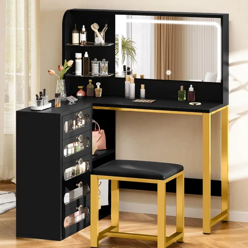 DWVO Escritorio de tocador con luz y espejo, 3 modos de iluminación, mesa de tocador de esquina en forma de L, tocador grande de 48 pulgadas con 5