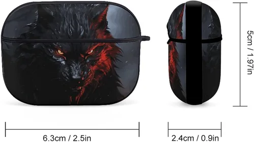 Miniatura 2 de Funda para auriculares con diseño de lobo negro grande con ojos rojos para AirPods Pro de 2ª generación con llavero, funda protectora rígida a