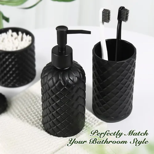 Miniatura 3 de RYTOXILO Juego de accesorios de baño negro mate, paquete de 4 juegos de accesorios de baño negros, dispensador de jabón de vidrio de diamante