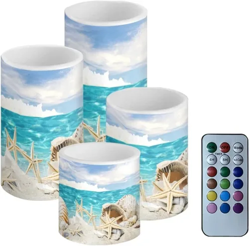 Miniatura 21 de Velas LED parpadeantes operadas por batería, juego de 4 con control remoto y temporizador, velas de llama danzante, velas de pilar para mesa, Playa