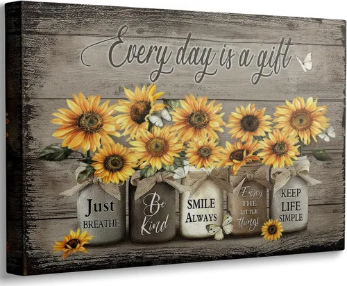 Miniatura 9 de Arte de pared de lienzo para baño estilo granja, vintage, rústico, país, flor, mariposa azul, pintura, imagen, decoración de pared, Cada día es un