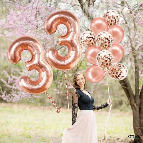 Miniatura 6 de KatchOn, Globos de oro rosa con el número 33, 40 pulgadas, decoraciones de cumpleaños número 33 para mujer, globo de cumpleaños 33 con globos