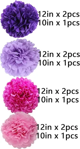 Miniatura 2 de We Moment Pompones de papel de seda morado y rosa para decoración de fiesta de niñas en el techo, para colgar en la pared, 12 pompones de seda de 4