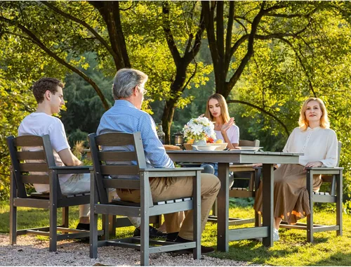 Miniatura 8 de SERWALL Juego de Mesa de Comedor de HDPE para Exteriores, Juego de 7 Piezas de Mesa de Comedor al Aire Libre con Mesa con Corte para Agujero de Gris