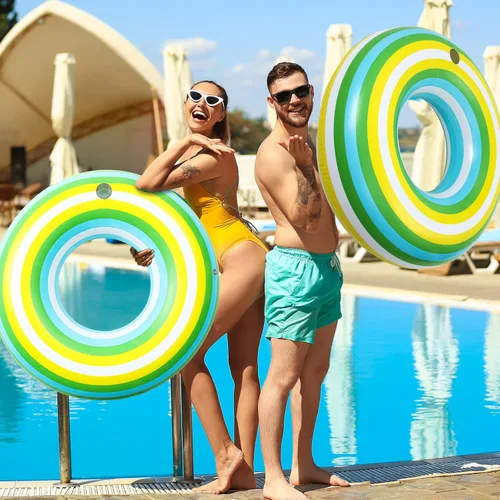 Miniatura 7 de Flotadores inflables gigantes de 50 pulgadas con forma de dona de rayas verdes, flotadores de piscina tamaño adulto juguetes para decoración