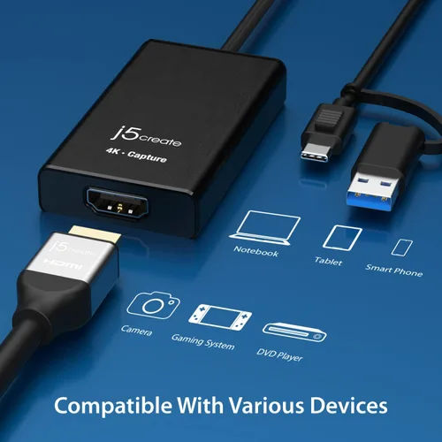 Miniatura 5 de j5create Tarjeta de captura de video HDMI 4K, enlace de cámara DSLR, adaptador de captura de juegos para juegos en vivo, transmisión, transmisión