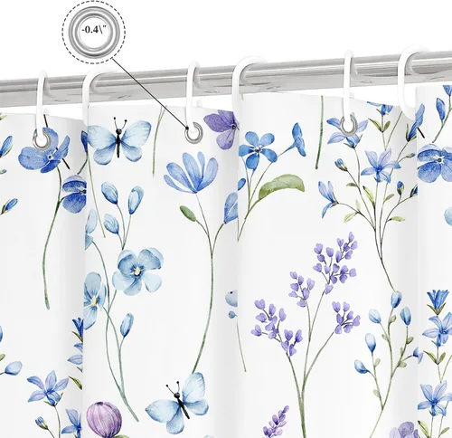 Miniatura 5 de Litabel Cortina de ducha con diseño floral de acuarela, cortina de ducha de flores de mariposa azul para baño, juego de cortina de ducha moderna
