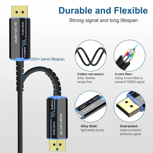 Miniatura 4 de Cable de fibra óptica DP largo de 8 K de 100 pies/98.4 ft, 8K @60Hz, 4K @144Hz, 32.4Gbps Displayport 1.4 cable, conector chapado en oro, cable