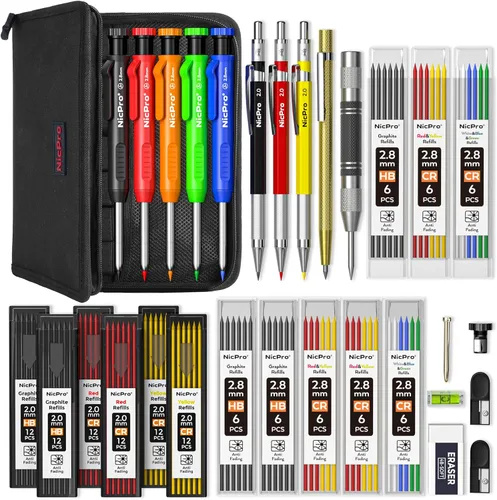 Miniatura 9 de Nicpro Juego de 28 lápices de carpintero con sacapuntas, lápices mecánicos de carpintero con 127 recambios y herramienta de grabado de carburo
