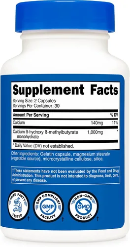 Miniatura 5 de Nutricost HMB (As Calcio Beta-hidroxi beta-metilbutirato) 1,000 mg, 60 cápsulas – 500 mg por cápsula, sin OMG, sin gluten, 30 porciones