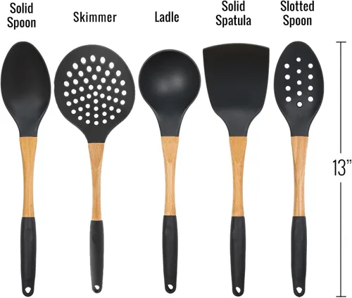 Miniatura 2 de Beille 5 utensilios de cocina de madera de nailon gris oscuro con cucharas de cocina, cucharón de sopa, cuchara espumadera y espátula, 13 pulgadas