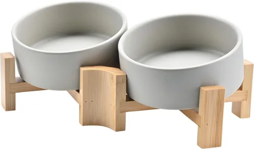 Miniatura 26 de SPUNKYJUNKY Cuenco de cerámica inclinado de 15° para perros y gatos con soporte de madera, cuenco inclinado para comida y agua para bulldog Blanco