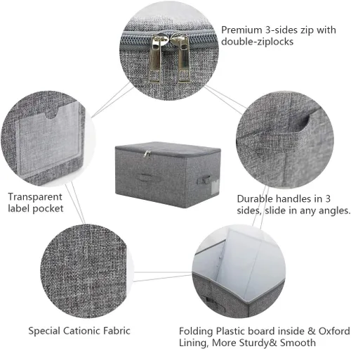 Miniatura 2 de iwill CREATE PRO Caja de almacenamiento plegable con tapa con cremallera y asas, cestas de almacenamiento rígidas con tela de lino y tablero de Gris