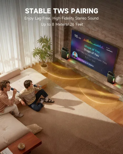 Miniatura 2 de Moukey MPS5 - Máquina de karaoke portátil, altavoz recargable de 200 W de potencia máxima con 2 micrófonos inalámbricos y correa, compatible con BT
