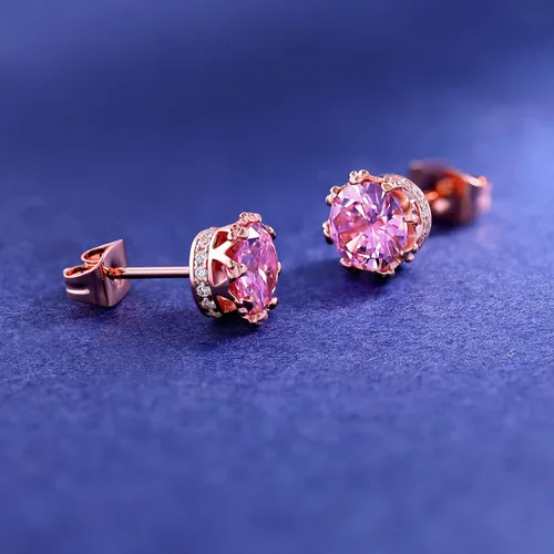 Miniatura 22 de MDFUN Aretes chapados en oro rosa para mujer, 0.236 in, corona brillante redonda, piedra natal, regalo de cumpleaños