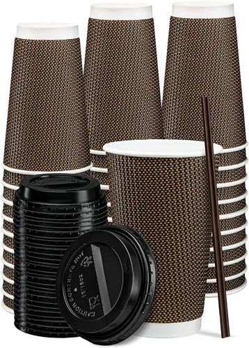 Miniatura 2 de GUSTO 50 juegos de tazas de café caliente de papel ondulado con patrón marrón aislado con tapas, el color de las tapas puede variar, ideal