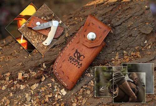Miniatura 5 de Cuchillo de bolsillo de Damasco hecho a mano de 6.5 pulgadas para hombres, cuchillo de caza con funda para exteriores, camping, pesca, senderismo