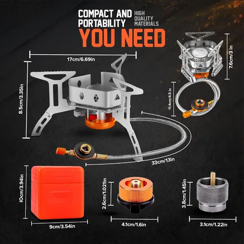 Miniatura 3 de Estufa de campamento de 3500 W, estufa de campamento resistente al viento con funda de transporte de encendido piezoeléctrico y 2 adaptadores