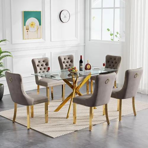 Miniatura 8 de Juego de mesa de comedor de cristal para cocina de 4, 5 piezas, mesa de comedor rectangular de 51 pulgadas con 4 sillas de cocina de terciopelo
