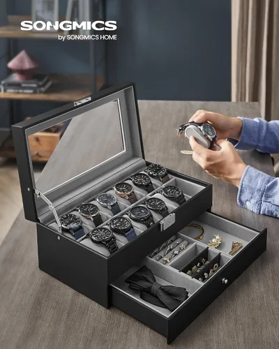 Miniatura 2 de SONGMICS Caja de reloj, Organizador de 12 relojes de hombre, Joyero con cerradura y llaves, Negro UJWB012