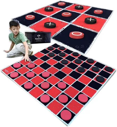 Miniatura 7 de Swooc Games® - Juego Vintage Gigante de Damas y Tres en Raya 2 en 1 con Tapete (3 pies x 3 pies) - Lona 100% Lavable a Máquina - Juegos Gigantes al