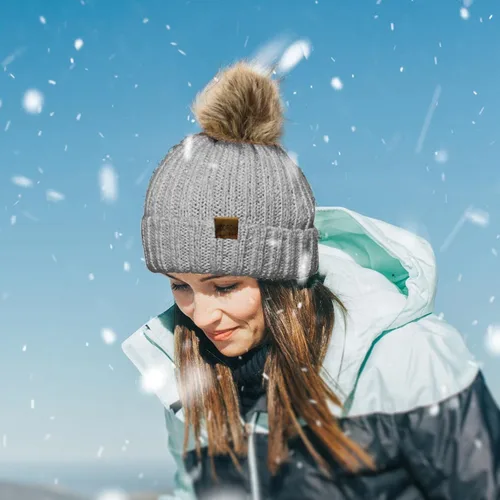 Miniatura 6 de ZOORON Gorro de punto de invierno para mujer con pompón de piel sintética, gorro de punto cálido para mujer