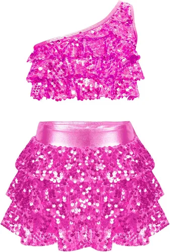 Miniatura 93 de JEATHA Top corto con borlas y lentejuelas brillantes para niñas, con minifalda, jazz latino, salsa, samba, rumba, baile