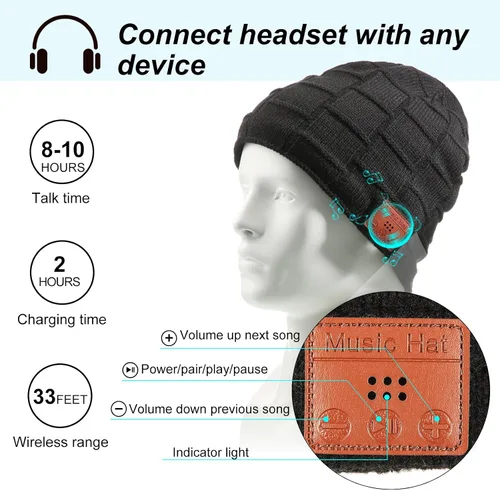 Miniatura 3 de Honoson El juego de gorros Bluetooth incluye 2 gorros inalámbricos con Bluetooth, guantes para pantalla táctil (negro, clásico)