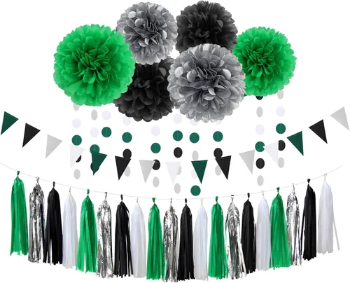Decoraciones de fiesta de fútbol negro verde plateado - 30 piezas de serpentinas de graduación de fútbol, pompones de papel de seda, guirnalda con