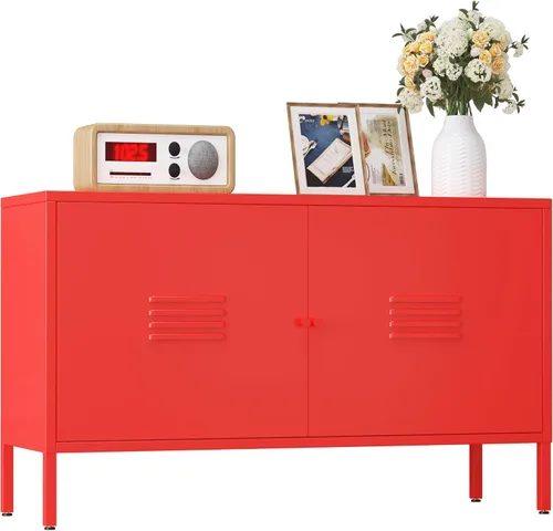Miniatura 21 de Gabinete de almacenamiento de metal, soporte de TV de 2 puertas, armario decorativo con puertas y estante ajustable, armario de metal, mesita