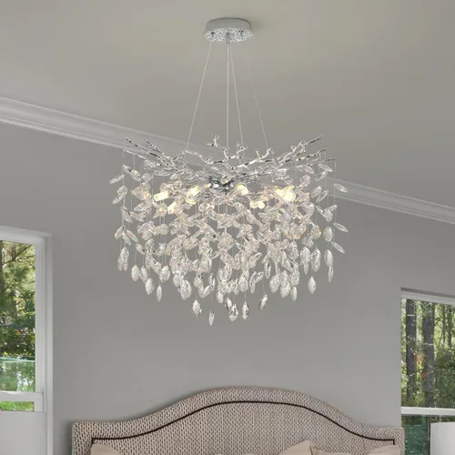 Miniatura 19 de Candelabro de Cristal Rama de Árbol Dorado Gota de Lluvia Redonda Lámpara Colgante con Borla Luminaria de Techo Colgante para Dormitorio Sala