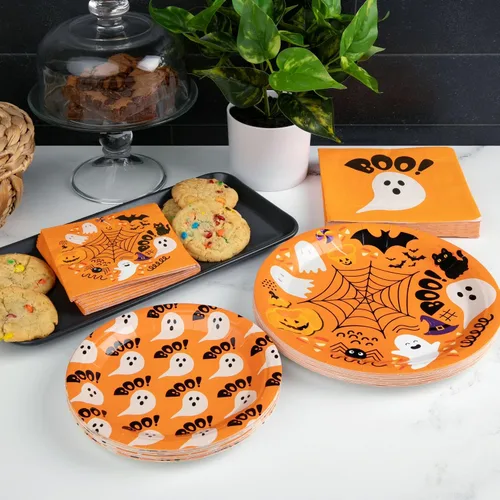 Miniatura 5 de Juego de vajilla desechable de 80 piezas con diseños de fantasma y calabaza, incluye platos de 9 y 7 pulgadas, servilletas de cóctel y almuerzo