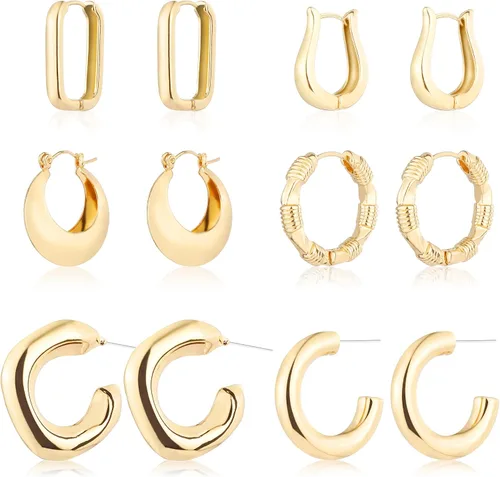 Juego de 6 pares de aretes de aro de oro de 14 quilates para mujer, ligeros, gruesos, gruesos, gruesos, abiertos, trenzados, para regalar.