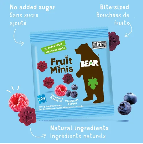 Miniatura 4 de BEAR Mini bocado de frutas real, frambuesa/arándano, bocadillos de tamaño mordido para niños, sin gluten, vegano, sin OMG, 0.7 onzas (paquete de 18)